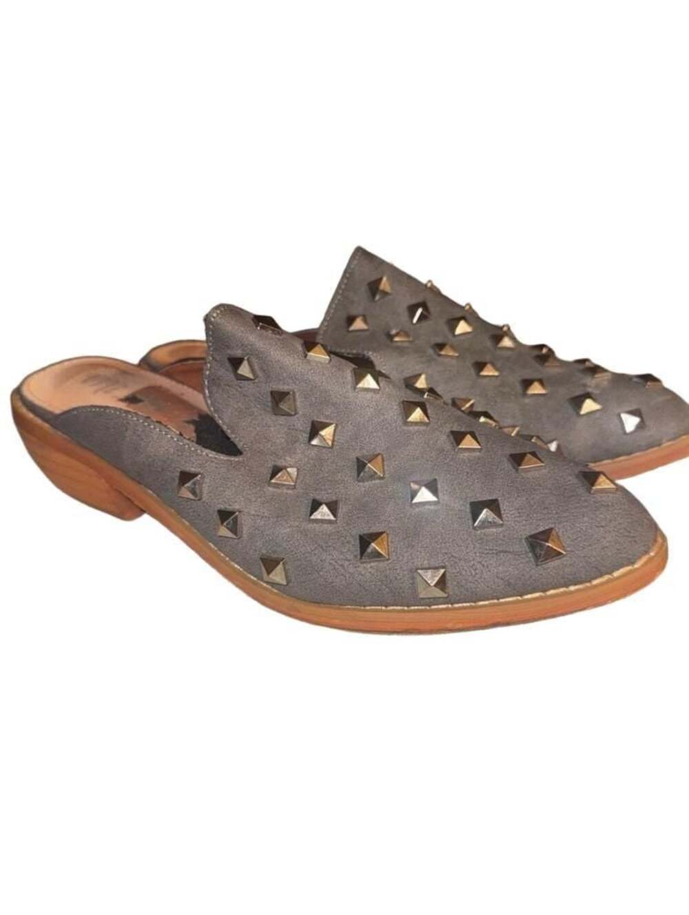 Mi.iM Women's Gray Silver Studded Genuine Leather Slide-On Mule